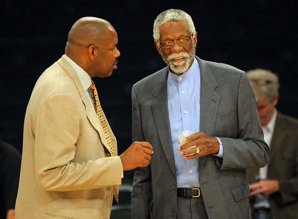 (061510 Los Angeles, CA) Boston Celtics Radio analyst Cedric Maxwell and Celtics legend Bill Russell before Game 6 of the NBA Finals at the Staples Center Tuesday, June 15, 2010. Staff Photo by Matt Stone